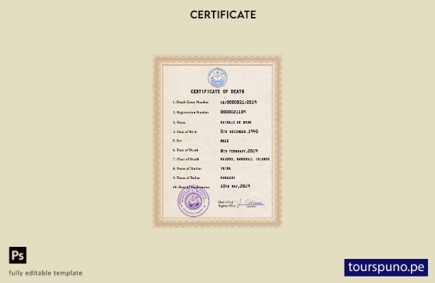 listo para imprimir plantilla PSD del certificado de defunción de las Islas Mars
